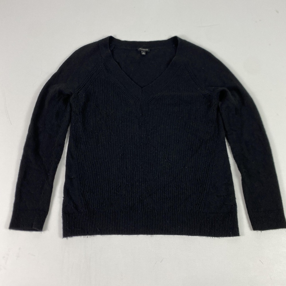 Talbots Sweater Womens Small Black Wool Cashmere Blend V Neck Tight-Knit